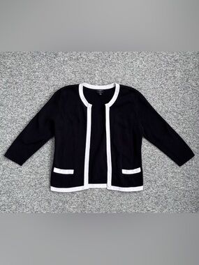 Talbots 100% Pima Cotton Black White 3/4 Sleeve Open Cardigan